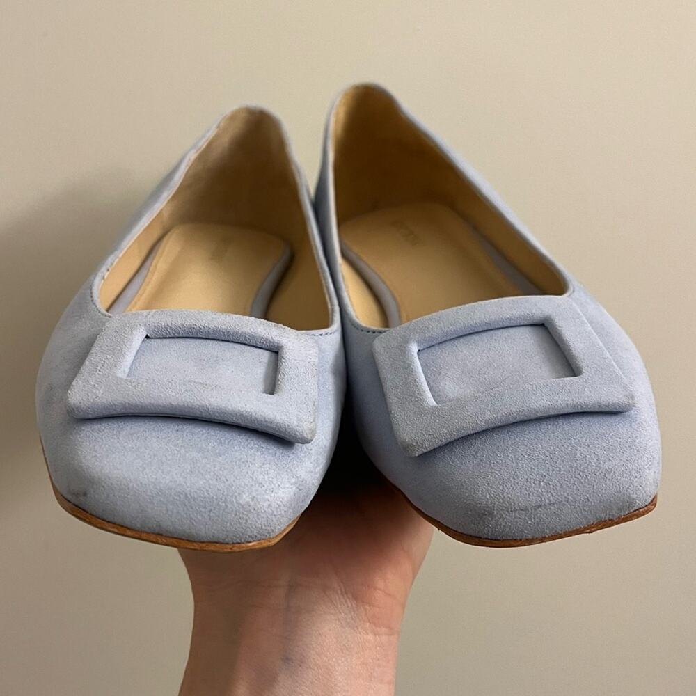 J. McLaughlin Lisbeth Blue Suede Buckle Low Block Heels Size 8 - Picture 3 of 12